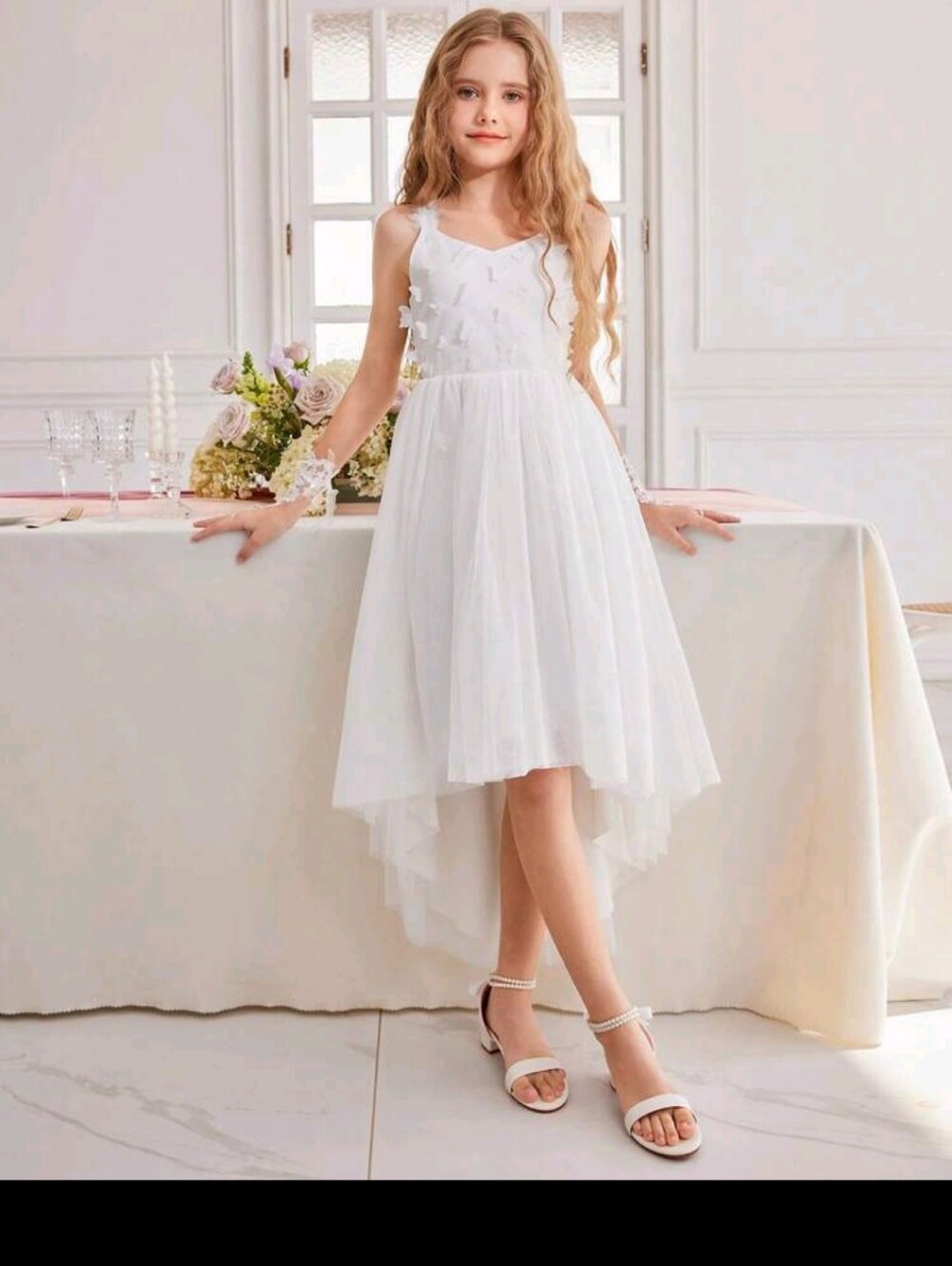 SHEIN Tween Girls White Butterfly Tuelle Hi Low Dress (Size 8)